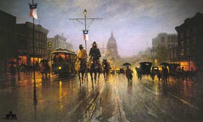 G HARVEY 14X23 Secondary Market Art: "STREETCARS ALONG AVE"