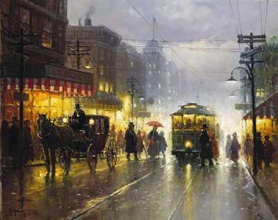 G HARVEY 16X20 Secondary Market Art: "BROADWAY TROLLEY"