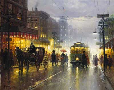 G HARVEY 16X20 Secondary Market Art: "BROADWAY TROLLEY"