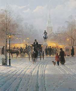 G HARVEY 27X23 Secondary Market Art: "WINTER EVE OLD BOSTON"