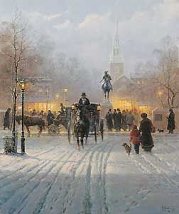 G HARVEY 27X23 Secondary Market Art: "WINTER EVE OLD BOSTON"