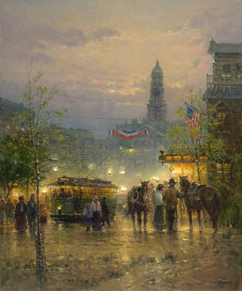 G HARVEY 30X36 Secondary Market Art: "COWHANDS TOWN GCNV"