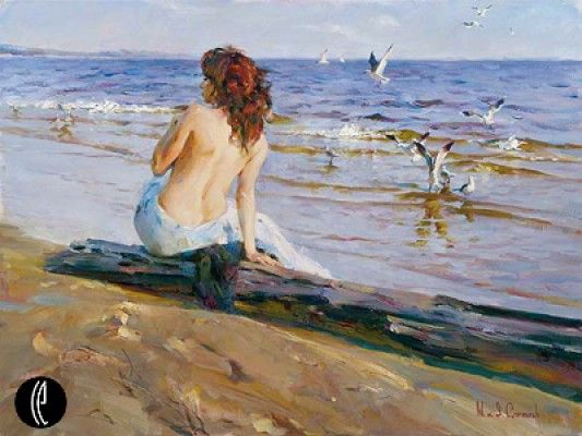 Garmash Hand-signed and Numbered Limited Edition Embellished Giclee on Hand Textured Canvas:"Beauty by the Shore"