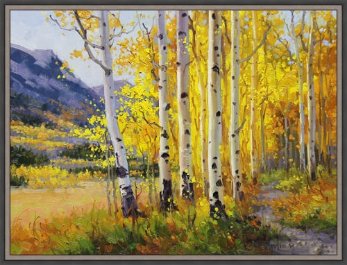 GARY KIM 32.5X42.5 DOUBLE STACKED FLOAT CANVAS:"THROUGH GOLDEN ASPEN"
