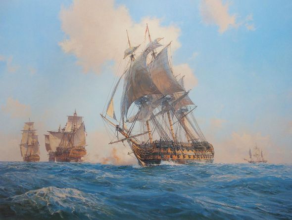 Geoff Hunt Artist Signed Limited Edition Lord Nelson Print:"Agamemnon Opens Fire "