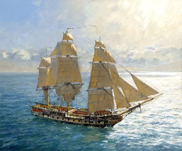 Geoff Hunt Artist Signed Limited Edition Canvas Giclee:"Flying Kites HMS Surprise under Royals and Stunsails"