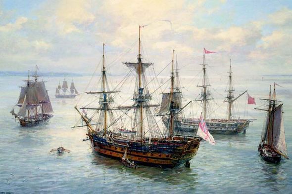 Geoff Hunt Handsigned and Numbered Limted Edition Print:"Spithead Anchorage-Ships and Vessels of Captain Aubrey's Navy"