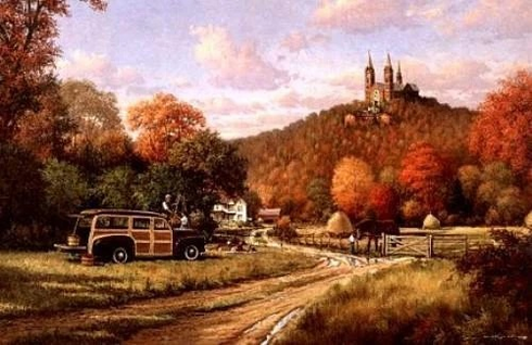 George Kovach Signed and Numbered Classic Car Woody Limited Edition  Lithograph: "Autumn at Holy Hill"