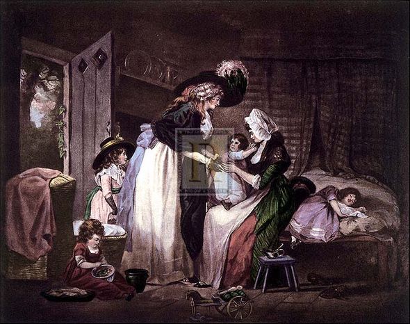 George Morland Artist Hand Colored Copper Plate Printed Atelier Print:"A Visit to the Child at Nurse"
