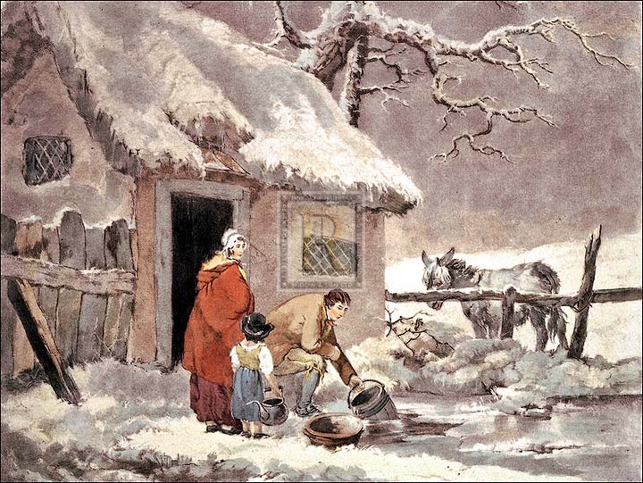 George Morland Artist Hand Colored Copper Plate Printed Atelier Print:"Breaking the Ice"