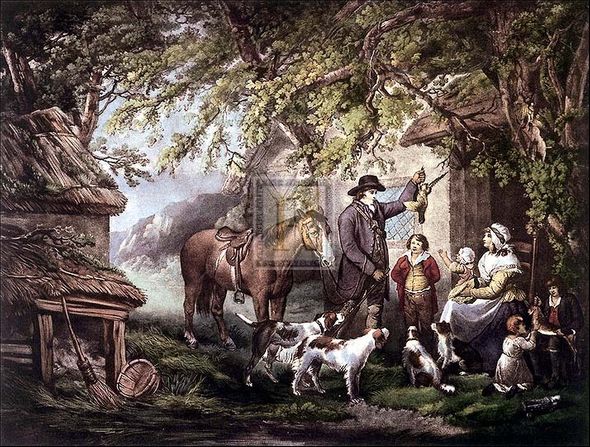 George Morland Artist Hand Colored Copper Plate Printed Atelier Print:"Evening, or the Sportsman's Return"