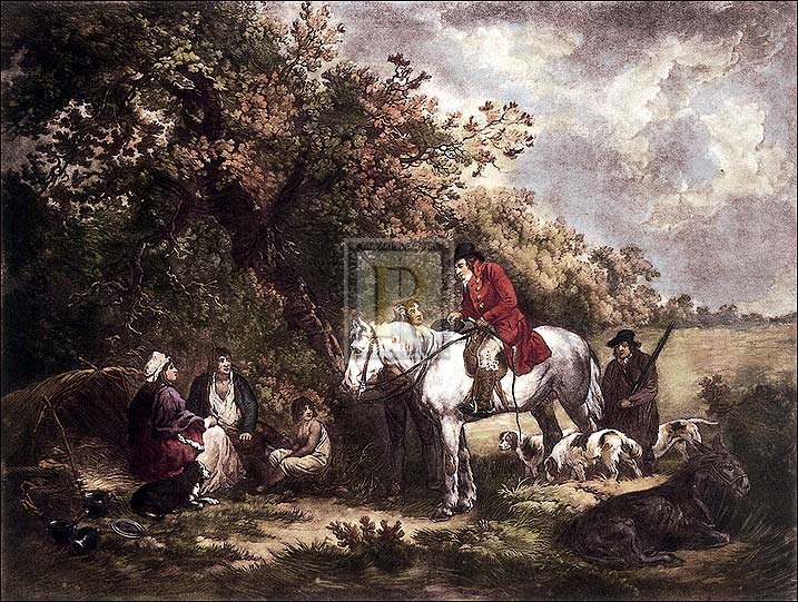 George Morland Artist Hand Colored Copper Plate Printed Atelier Print:"Morning, or the Benevolent Sportsman"