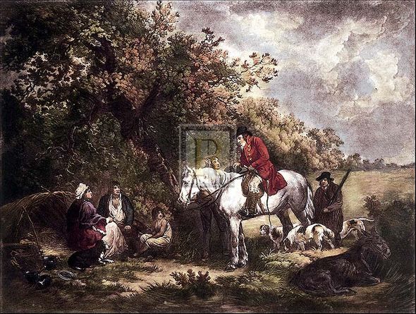George Morland Artist Hand Colored Copper Plate Printed Atelier Print:"Morning, or the Benevolent Sportsman"
