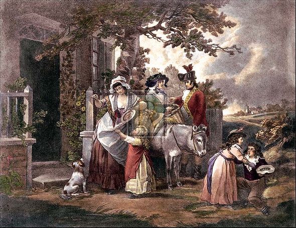 George Morland Artist Hand Colored Copper Plate Printed Atelier Print:"Selling Cherries"