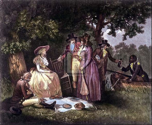 George Morland Artist Hand Colored Copper Plate Printed Atelier Print:"The Angler's Repast"