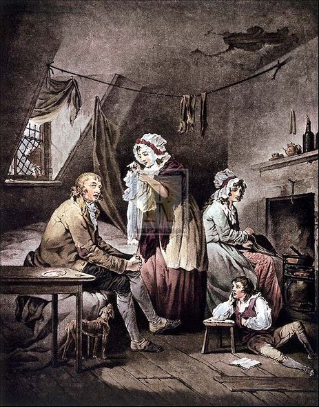 George Morland Artist Hand Colored Copper Plate Printed Atelier Print:"The Effects of Extravangance and Idleness"