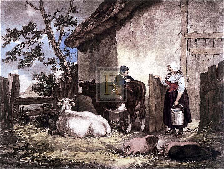 George Morland Artist Hand Colored Copper Plate Printed Atelier Print:"The Milkmaid and Cowherd"