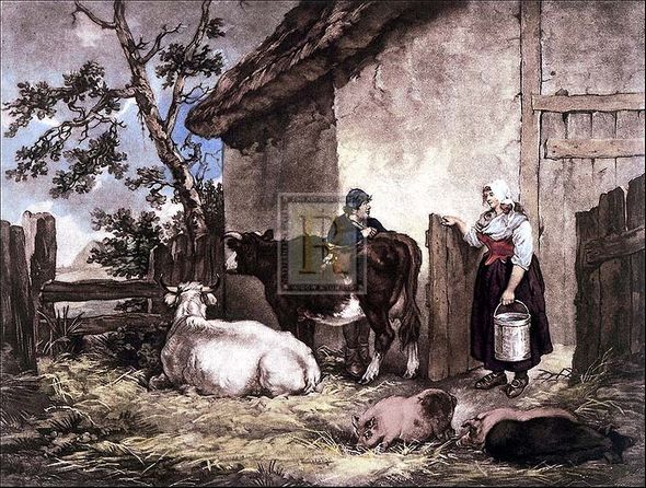 George Morland Artist Hand Colored Copper Plate Printed Atelier Print:"The Milkmaid and Cowherd"