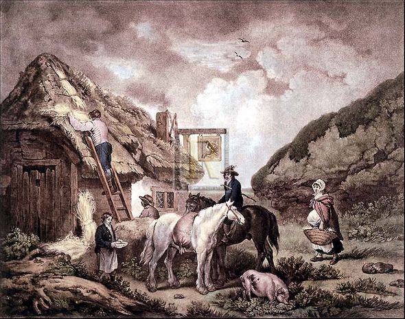 George Morland Artist Hand Colored Copper Plate Printed Atelier Print:"The Thatchers"