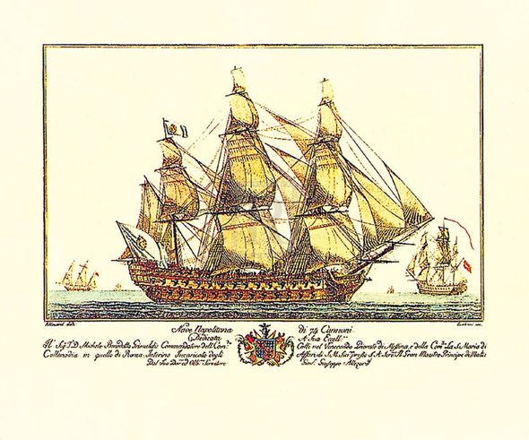 Guiseppe Allezard Hand Numbered Limited Edition Print on Paper :"Nave Napolitana di 74 Cannoni"