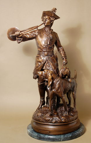 Hippolyte-Francois Moreau and Prosper Lecourtier Handcrafted Solid Bronze Sculpture:"Hunter with Hounds" Hippolyte-Francois Moreau and Prosper Lecourtier Handcrafted Solid Bronze Sculpture:"Hunter with Hounds"