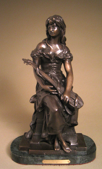 Hippolyte-Francois Moreau Handcrafted Solid Bronze Sculpture:"Mignon with Mandolin"
