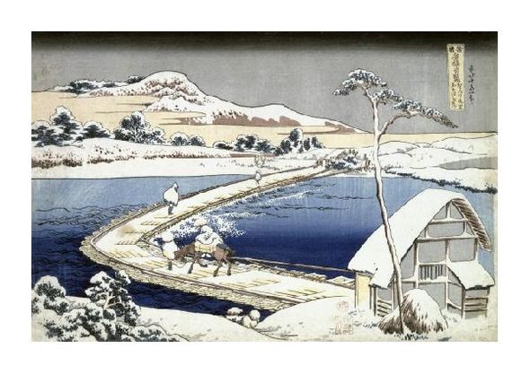 Hokusai Fine Art Open Edition Giclée:"Pontoon Bridge at Sano, Kozuke Province, Ancient View"