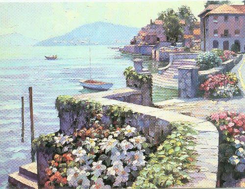 Howard Behrens Hand Embellished Limited Edition Serigraph on Canvas: "Il Lago Como"