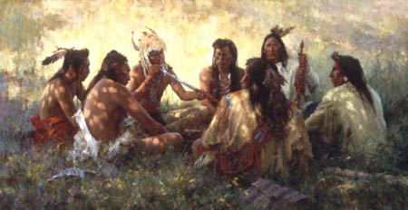 HOWARD TERPNING 38X20 Secondary Market Art: "CROW PIPE CEREMONY CNV"