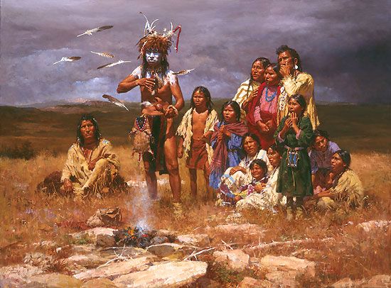HOWARD TERPNING 60X45 Secondary Market Art: "SHAMAN & FEATHERS CNV"