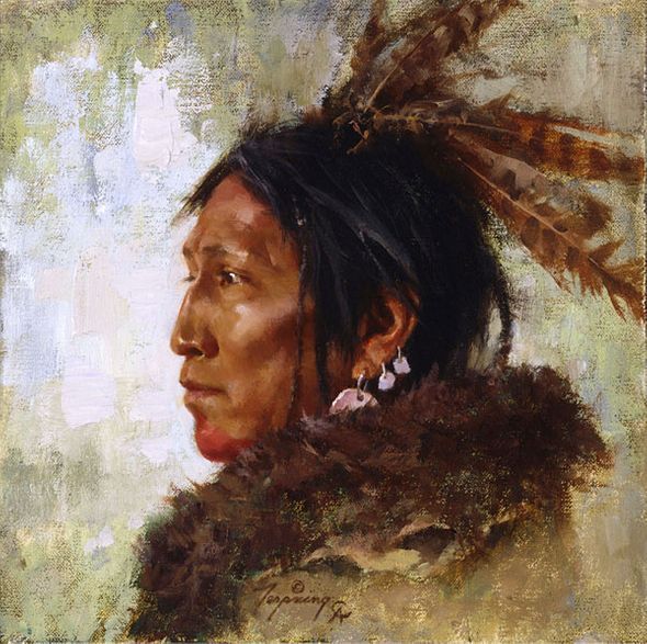 HOWARD TERPNING 9X9 Secondary Market Art: "HAWK FEATHERS CNV"