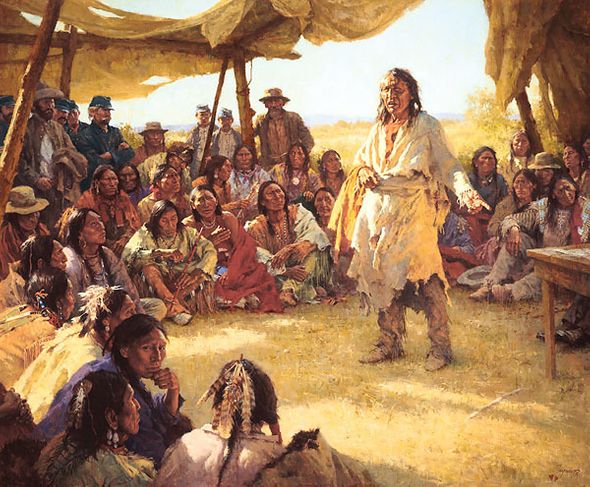 Howard Terpning Hand Signed Limited Edition MasterWork Canvas Giclee:"Paper That Talks Two Ways, The Treaty Signing"