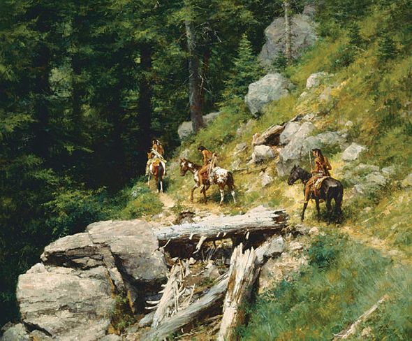 Howard Terpning Handsigned and Numbered Limited Masterwork Canvas Giclee: "Trail in the Bitter Roots"