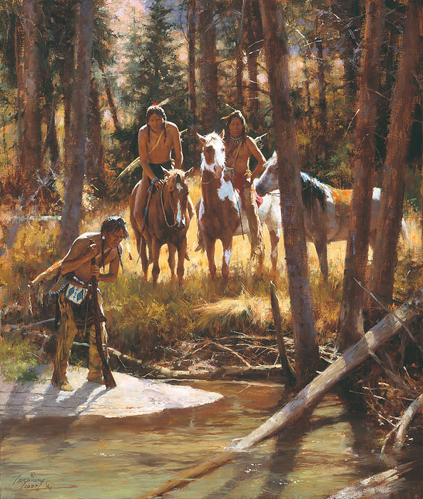 Howard Terpning Limited Edition Artist Signed and Numbered Giclee on Canvas:"Bear Tracks"