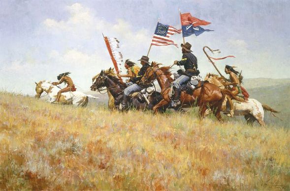 Howard Terpning Limited Edition Artist Signed Masterwork Canvas Giclee:"Flags on the Frontier"