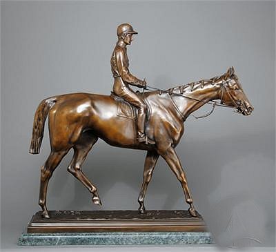 Isidore-Jules Bonheur Handcrafted Solid Bronze Sculpture:"Racehorse and Jockey"