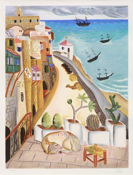 Italy Chanukka Hand Signed and Numbered Limited Edition Serigraph on Paper: "Rubin - Port of Old Jaffa"