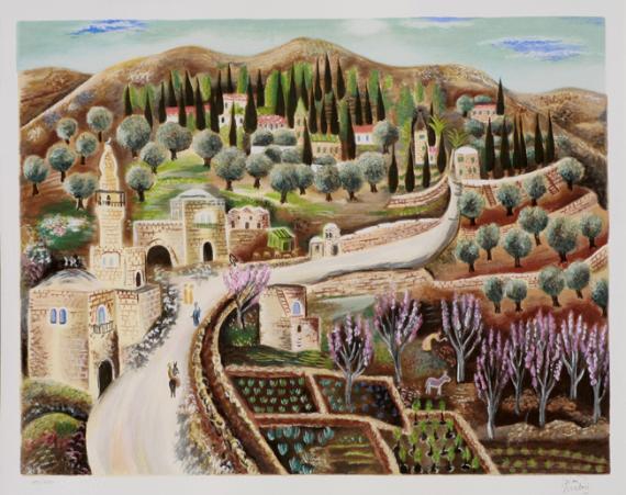 Italy Chanukka Hand Signed and Numbered Limited Edition Serigraph on Paper: "Rubin - The Road to Ein Karem"
