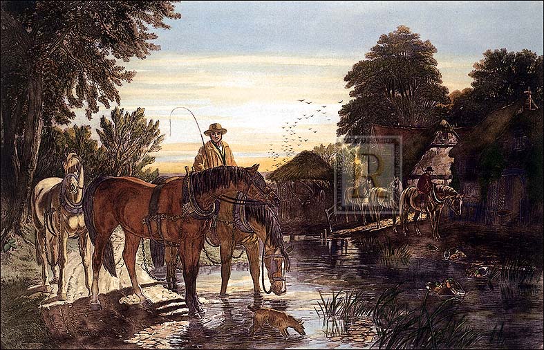 J.F. Herring Senior Artist Hand Colored Copper Plate Printed Atelier Print:"Evening"