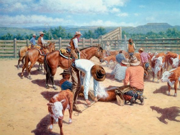 Jack Terry 24 x 32 Open Edition Signed Giclee on Canvas:"Branding for the Boss Lady"