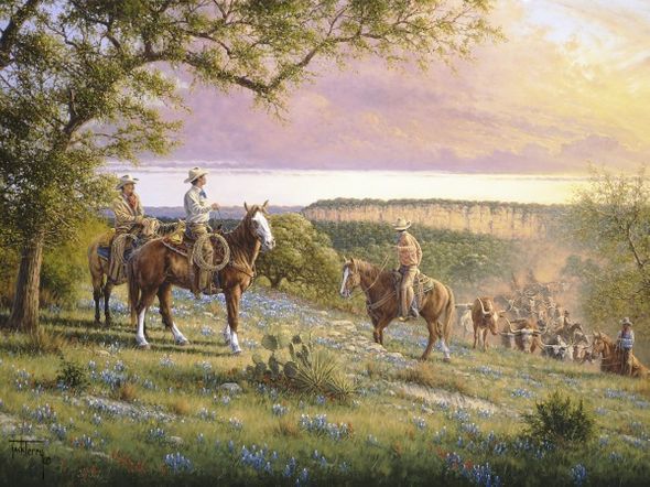 Jack Terry 24 x 32 Open Edition Signed Giclee on Canvas:"Whisper Valley Roundup"