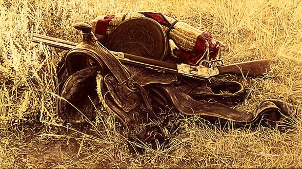 James Bama Hand Signed and Numbered Limited Edition Canvas Giclee:"1880's Still Life of Saddle and Rifle"