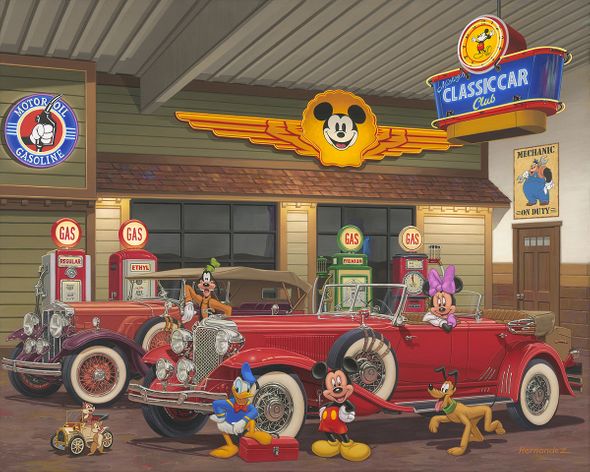 Manuel Hernandez Artist Signed Hand-Embellished Ltd Ed Gallery Wrap Canvas:"Mickey's Classic Car Club"