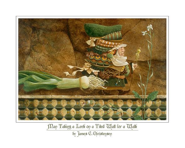 James Christensen Open Edition Print:"Man Taking a Leek on a Tiled Wall for a Walk"  