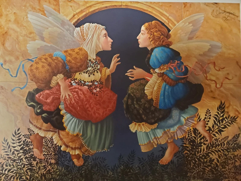 James Christensen Signed and Number Limited Edition Lithograph: "Two Angels Discussing Botticelli" James Christensen Signed and Number Limited Edition Lithograph: "Two Angels Discussing Botticelli"