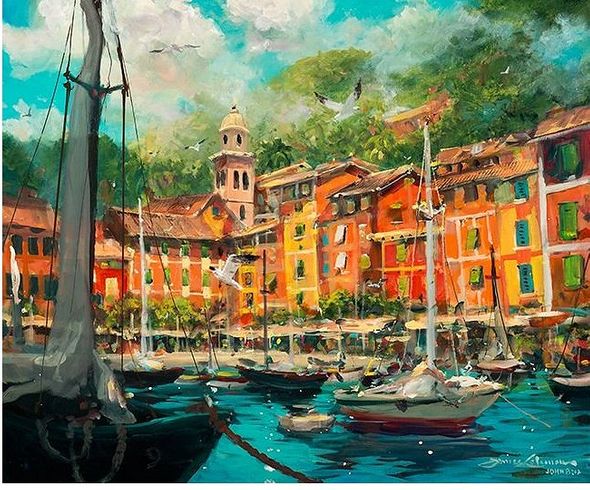 James Coleman Handsigned and Numbered Limited Edition Giclee on Canvas:"Reflections of Portofino"