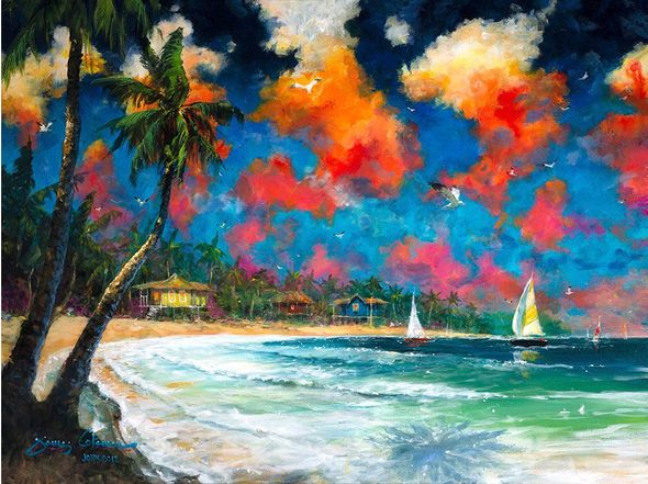 James Coleman Artist Signed Ltd Ed Embellished Canvas Giclee:"Tropical Sunset"  