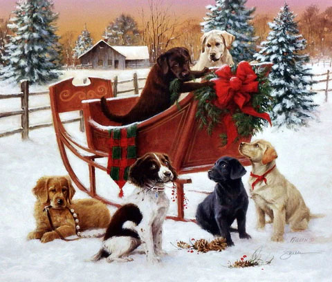 James Killen Print-Signed:"Christmas Sleigh Puppy Print-Signed 16.5 x 14"
