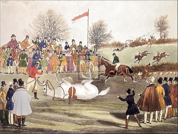 James Pollard Artist Hand Colored Copper Plate Printed Atelier Print:"Captain Becher and Grimaldi"