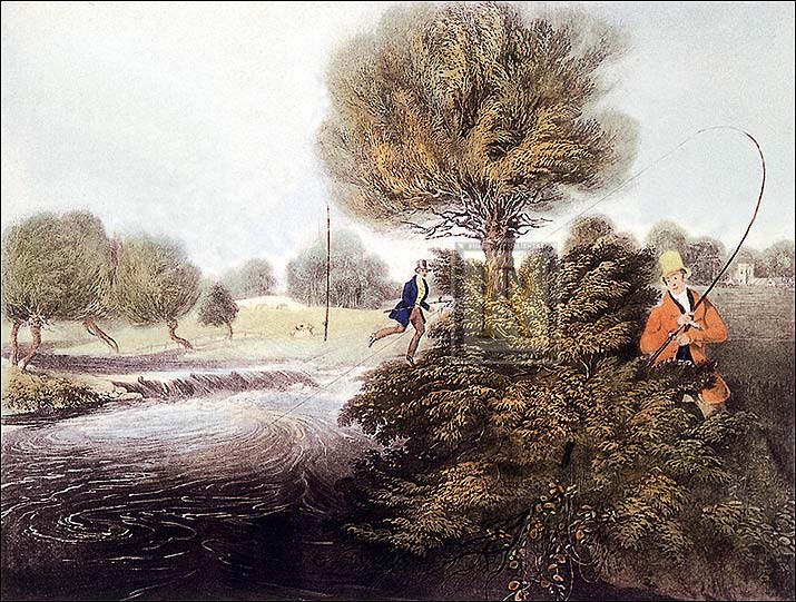 James Pollard Artist Hand Colored Copper Plate Printed Atelier Print"FlyFishing for Trout
